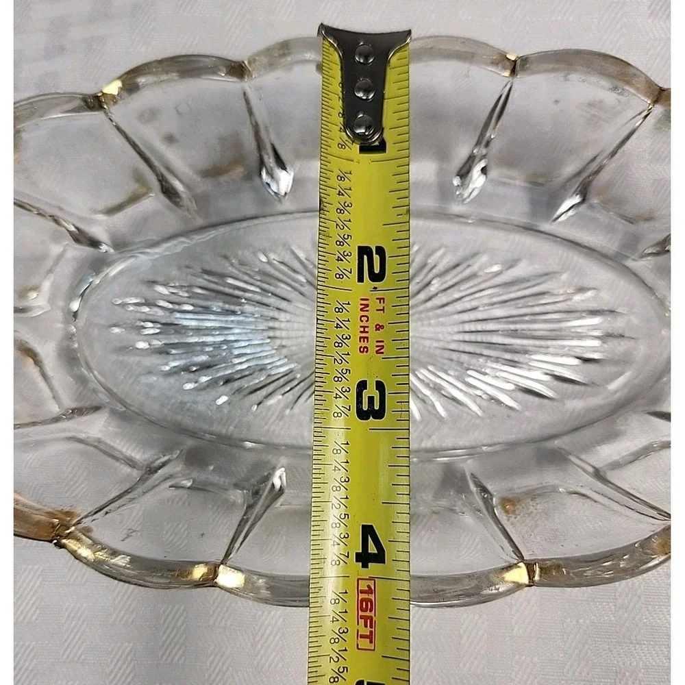 Vintage Pressed Glass Oval Relish Dish Scalloped Gold Brushed Rim Starburst Base